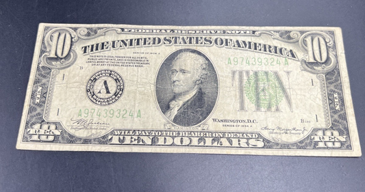 1934 A $10 FRN Ten Dollars Federal Reserve Note VG Circ #324