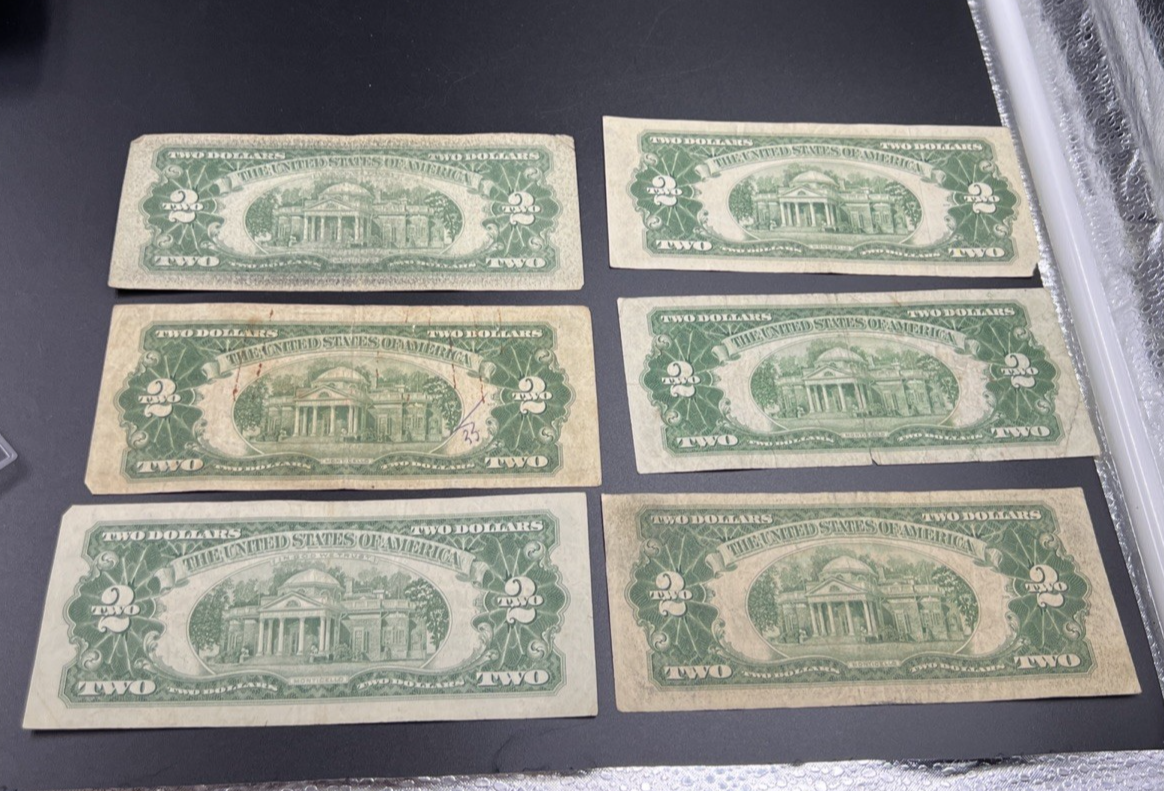 Lot of 6 1953 1963 $2 USN Red Seal Legal Tender Bills VG Very Good Circ #74
