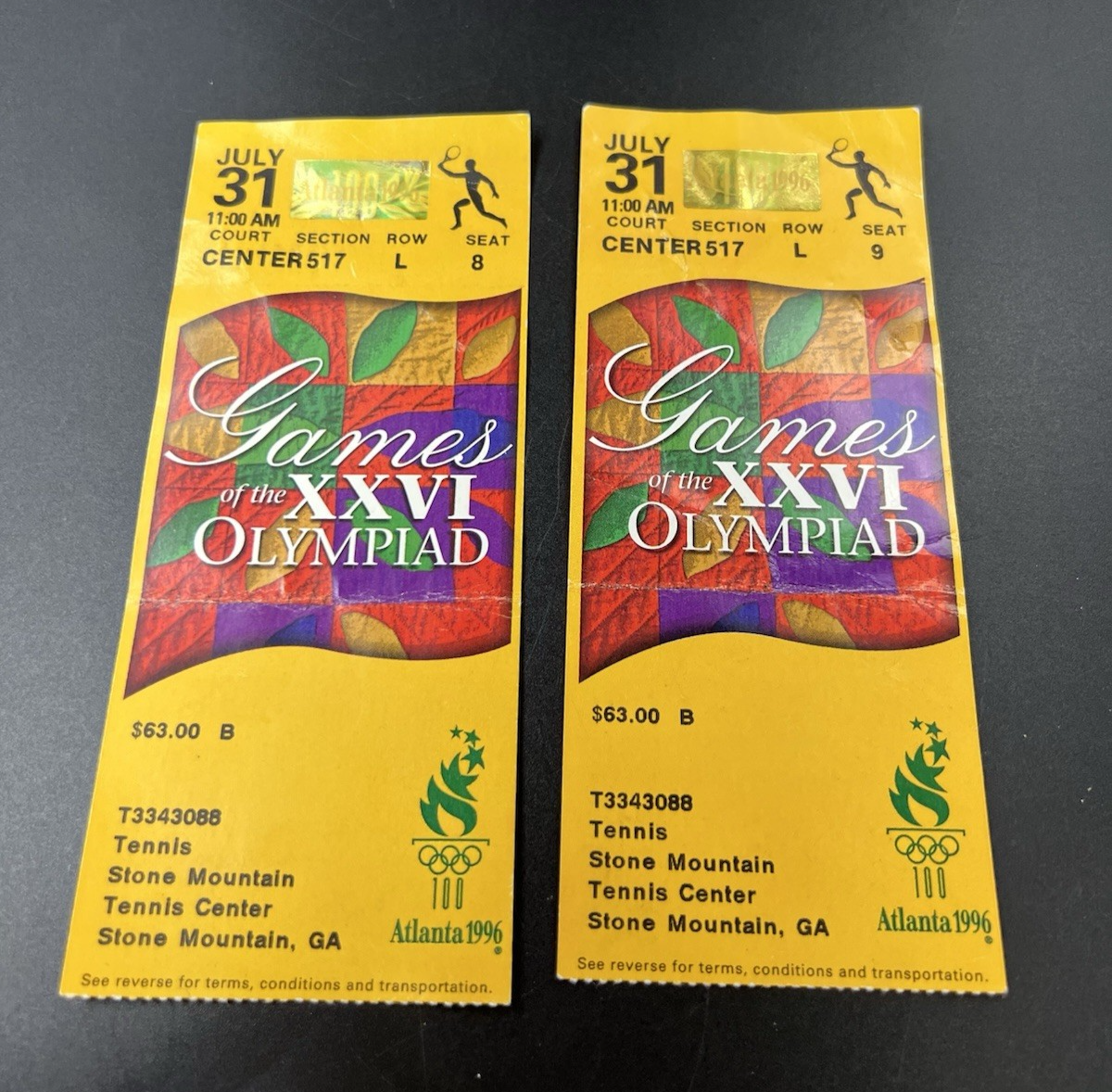 Lot of 2 1996 Atlanta Olympics Tennis Tickets Used