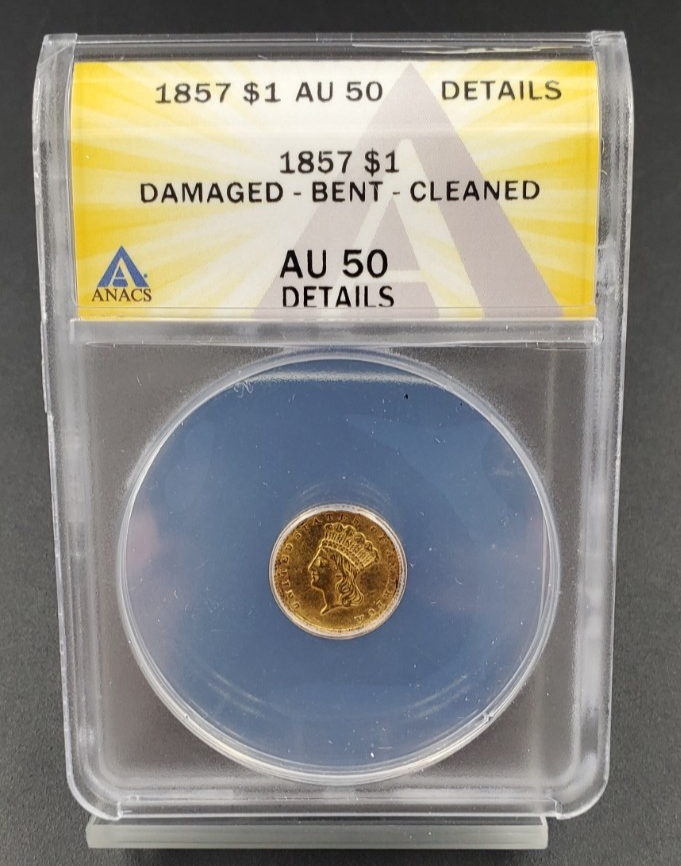 1857 Type 3 Princess Head Gold G$1 Dollar Coin ANACS AU Details Damaged Bent