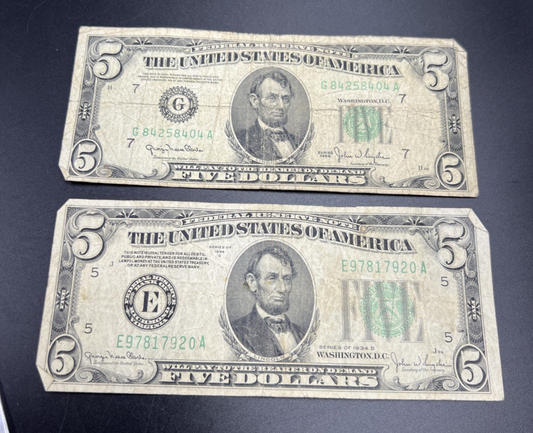 $5 Bill Collector's Set 1934 1950 FRN Federal Reserve Notes VG Very Good Circ