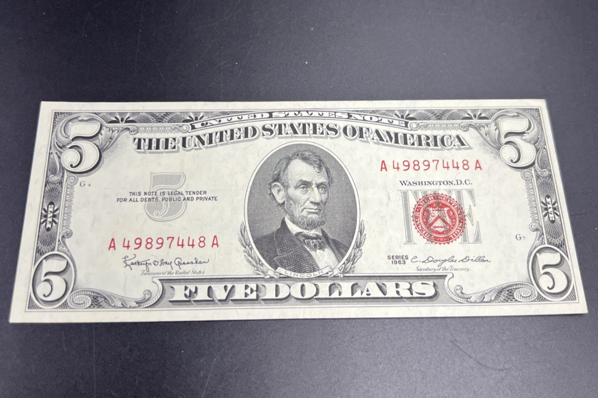 1963 $5 USN United States Five Dollar Note Red Seal XF EF Extra Fine Circ #48