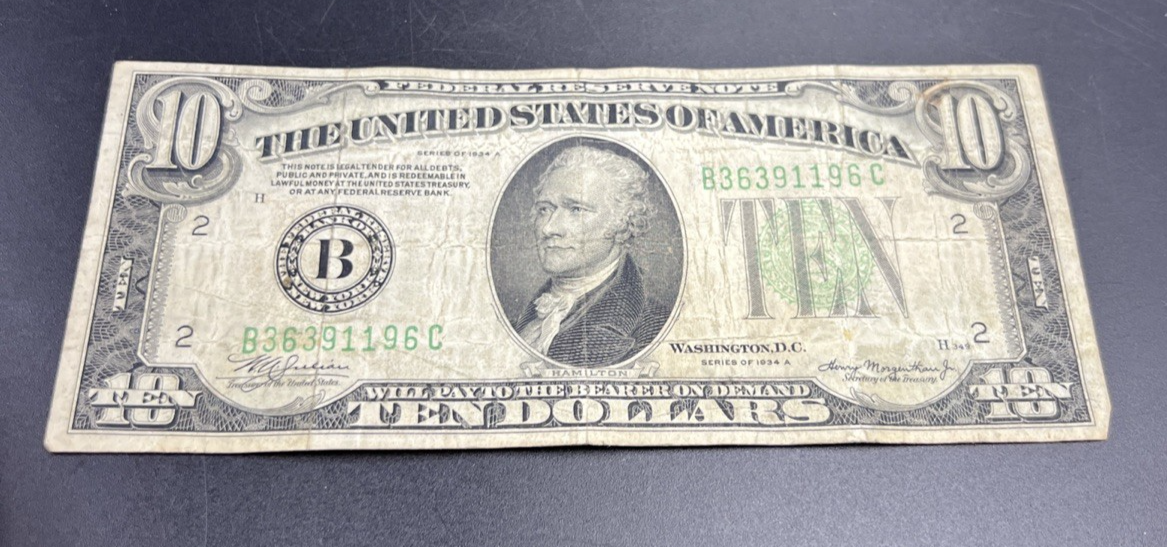 1934 A $10 FRN Ten Dollar Federal Reserve Note New York District VG Circ #96