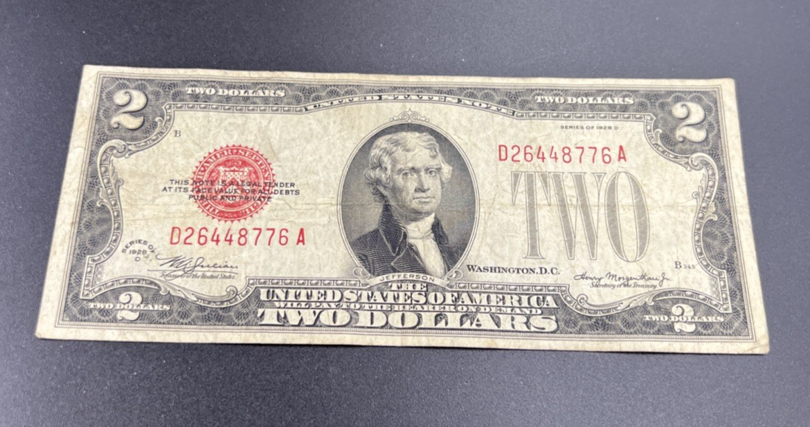 1928 D $2 USN United States Red Seal Note VG Very Good Circ Neat Serial #76