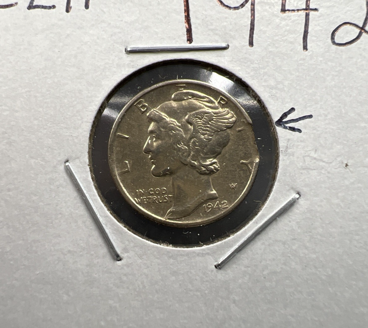 1942 P 10c Mercury Dime Coin Clipped Planchet Error AU
