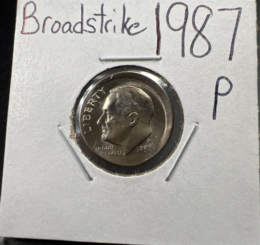 Large Broadstrike 1987 P 10c Roosevelt Dime Error Coin CH BU UNC
