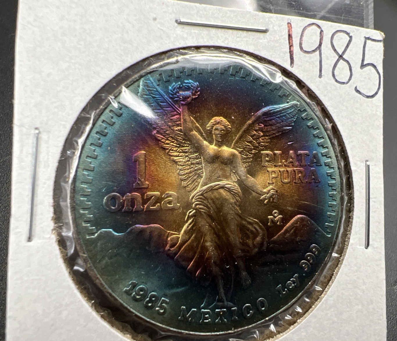 1985 Mexico Libertad 1 Oz Silver Coin Monster Toning Toner PQ Blue Rainbo Gem BU