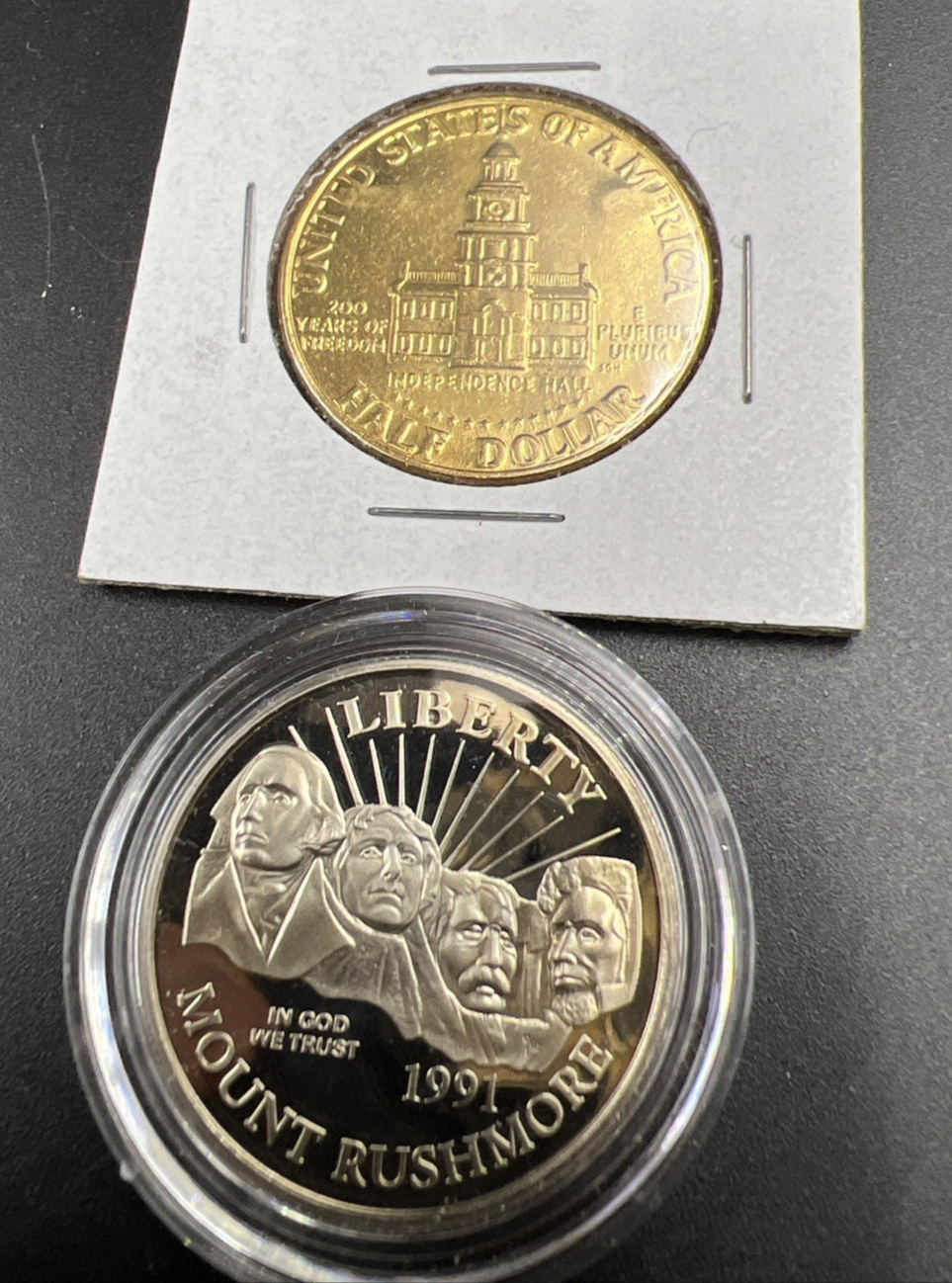 2 Coin Lot Mount Rushmore 1991 Proof & 1976 Bicentennial Kennedy CU-NI 50c Coins