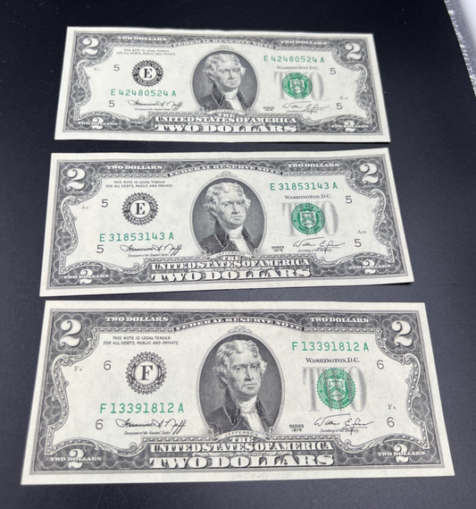 Lot of 3 1976 Bicentennial $2 Two Dollar Federal Reserve Notes XF / AU #812