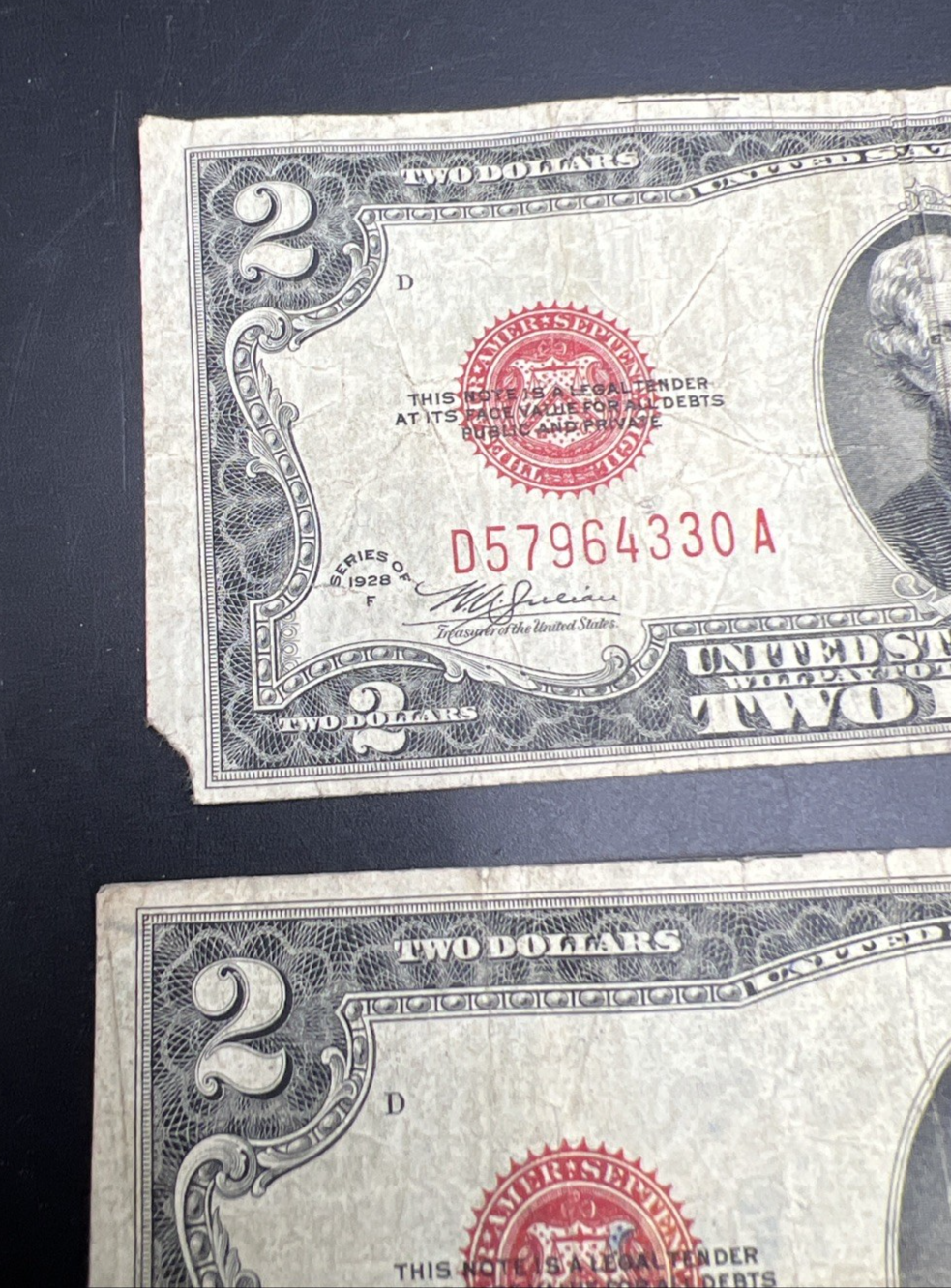 Lot of 2 1928 F $2 USN United States Note Red Seal Bills VG Circ #140