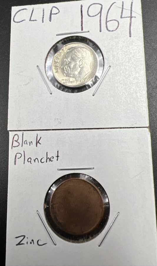 Error Collector's Lot 1964 10c Clipped Silver Dime & Blank Cent Planchet UNC