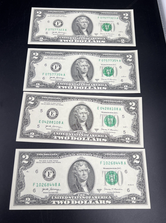 Lot of 4 2017 A $2 FRN Federal Reserve Notes UNC Uncirculated #448