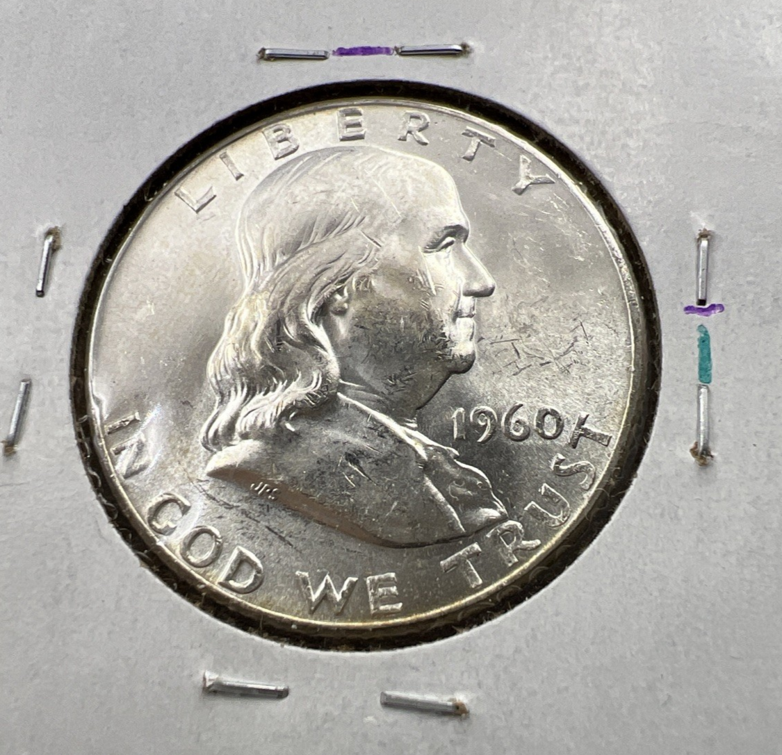 1960 P Franklin Half Dollar Silver Coin Choice BU UNC Neat Toning Reverse #B