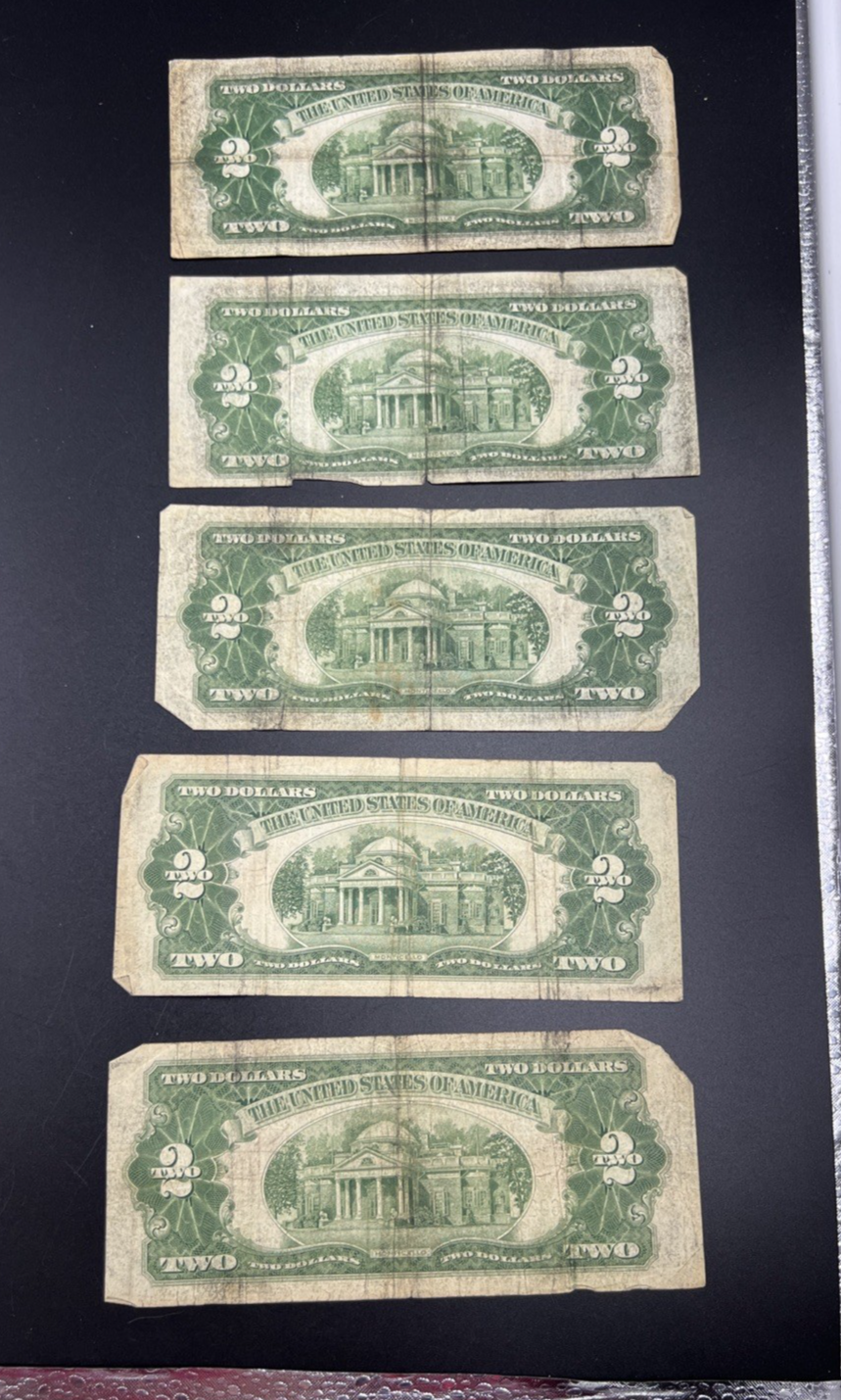 Lot of 5 1928 $2 Two Dollar USN United States Notes Red Seal Very Circulated #25