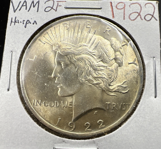 1922 $1 Peace Silver Dollar Coin Vam 2F Variety Hairpin BU UNC Top 50 VAM