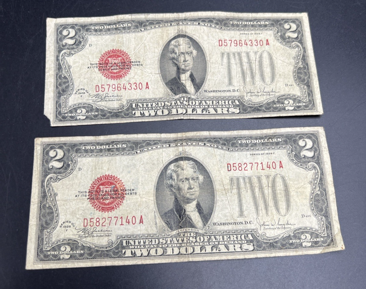 Lot of 2 1928 F $2 USN United States Note Red Seal Bills VG Circ #140