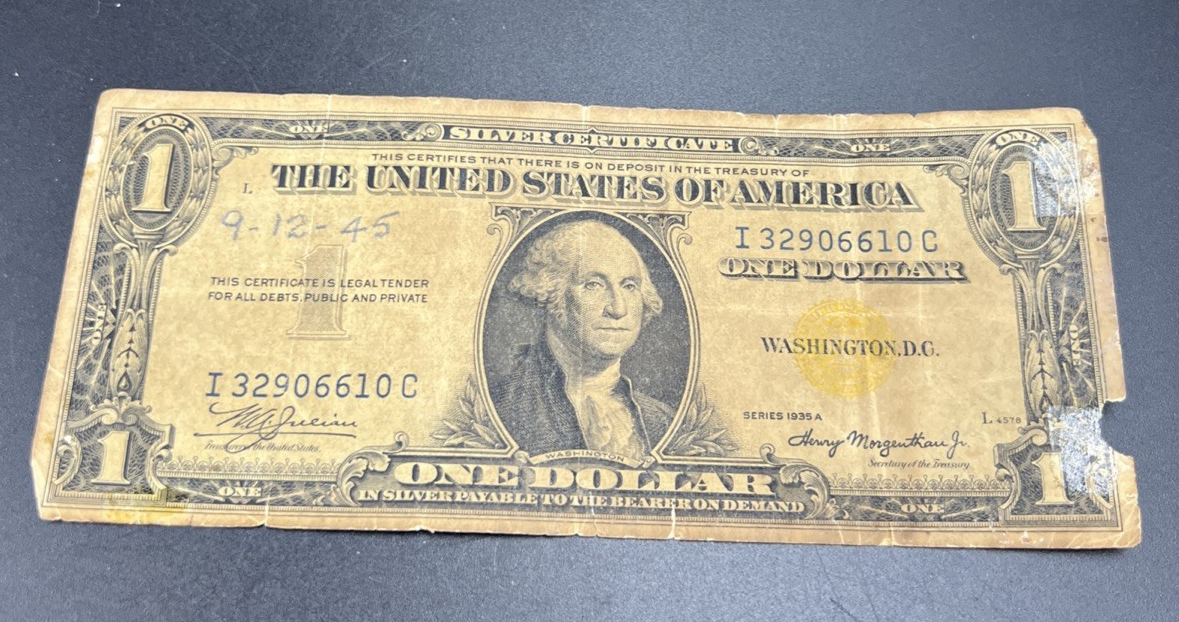 1935 A $1 North Africa Yellow Seal Silver Certificate Damaged Ugly Very Circ #10