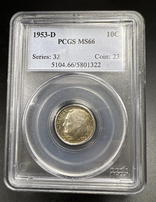 1953 D 10c Roosevelt Silver Dime Coin PCGS MS66 #322 Some Toning