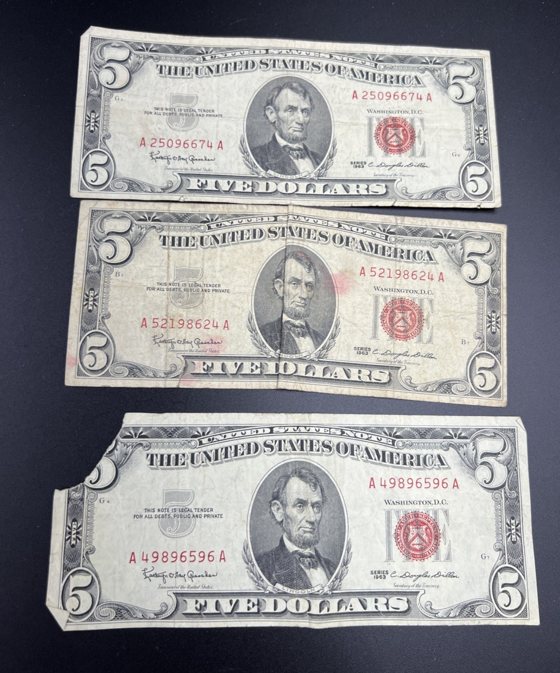 Lot of 3 Very Circulated 1963 $5 USN United States Notes One Damaged #596