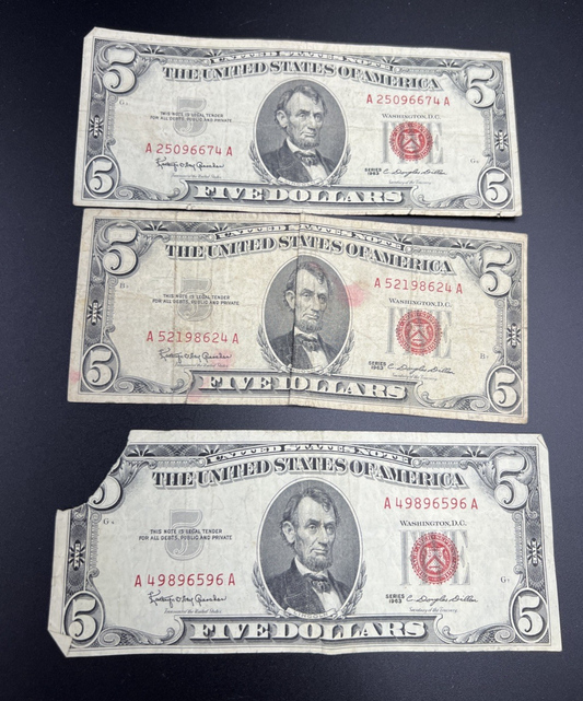 Lot of 3 Very Circulated 1963 $5 USN United States Notes One Damaged #596