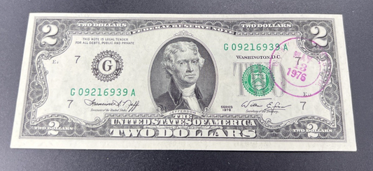 1976 $2 Two Dollar Bicentennial Bill Brookyln NY Postmarked (no Stamp) UNC #939