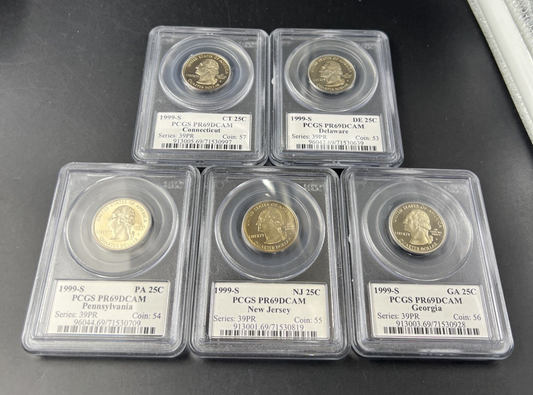 5 Coin 1999 S Proof State Quarters Set PCGS PR69 Georgia Delaware Conn NJ Penn