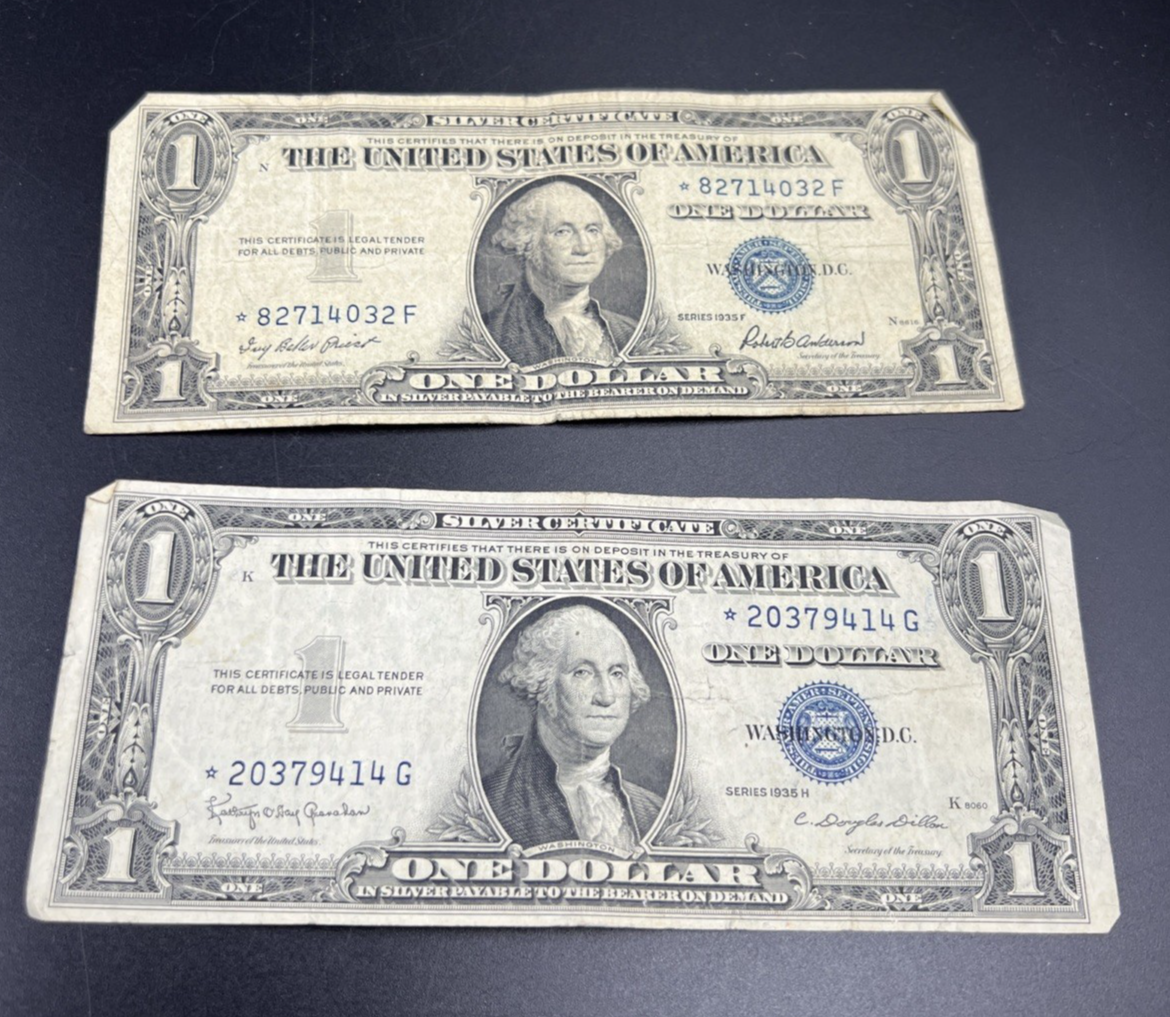 Lot of 2 1935 F H * Star US Silver Certificate One Dollar Bills VG / Fine #14