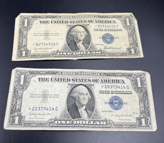 Lot of 2 1935 F H * Star US Silver Certificate One Dollar Bills VG / Fine #14
