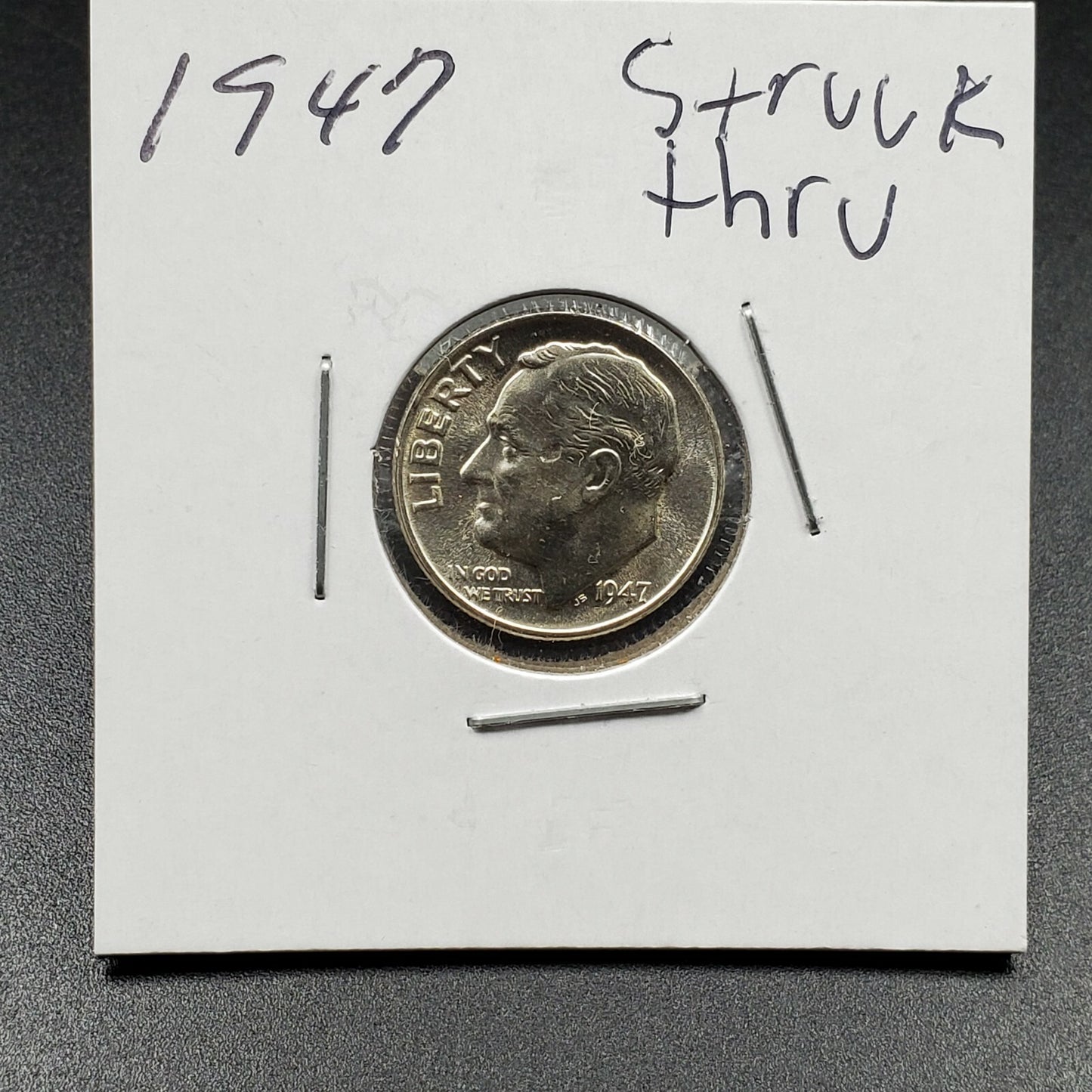 1947 Roosevelt Silver Dime Coin 10c Choice BU Obverse Struck Thru Through Error