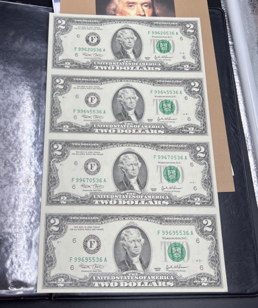 4 Note Souvenir Sheet 2003 US $2 Two Dollar FRN Federal Reserve Notes in Book #C