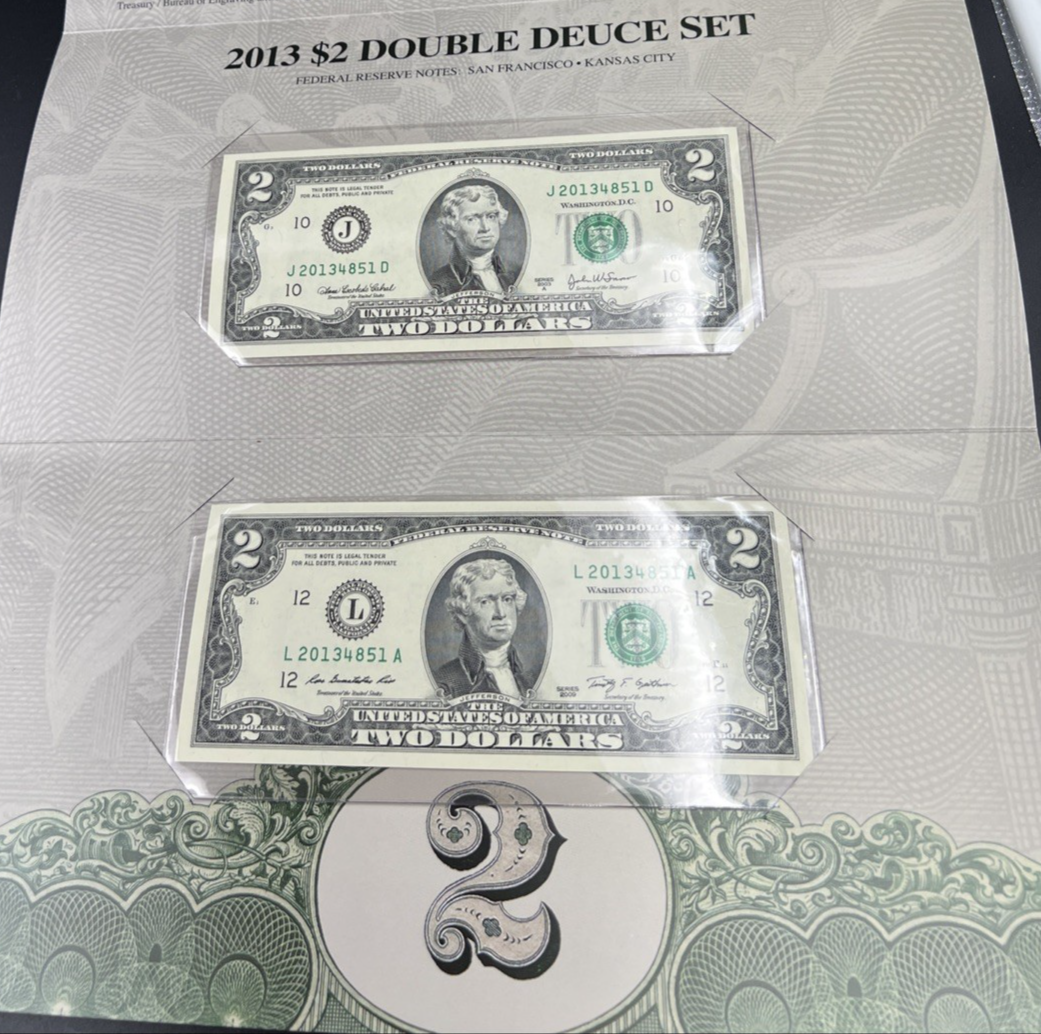 Matching Serial #2 2003 A 2009 $2 FRN Federal Reserve Note 2013 Double deuce set