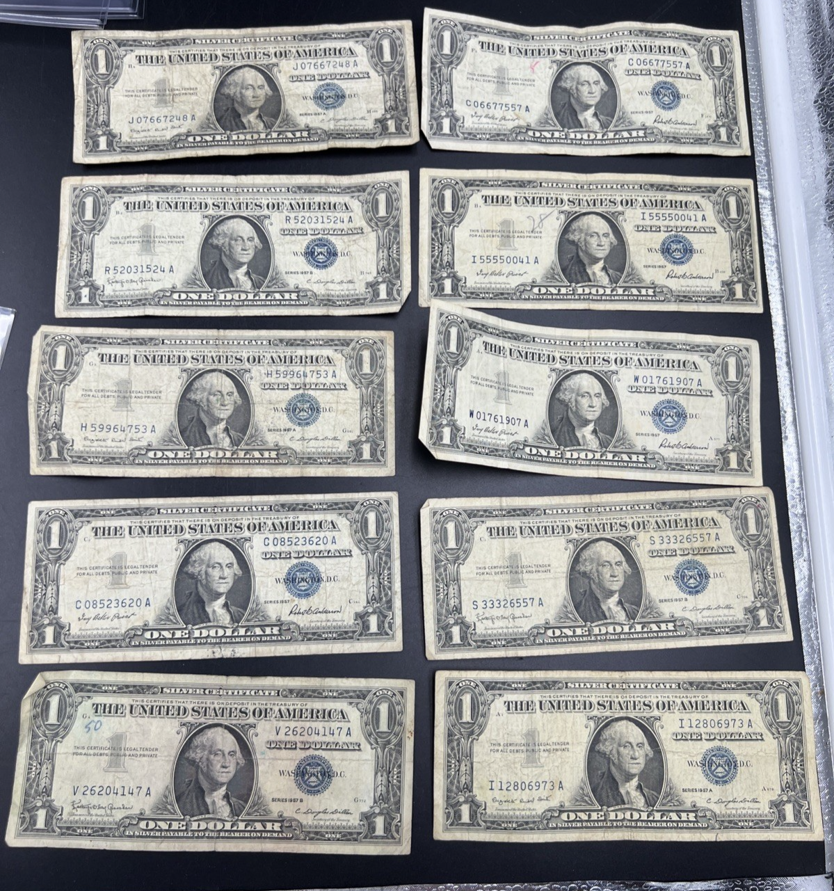 Lot of 10 1957 $1 One Dollar Silver Certificate Blue Seal Notes G / VG #147