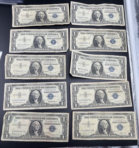 Lot of 10 1957 $1 One Dollar Silver Certificate Blue Seal Notes G / VG #147