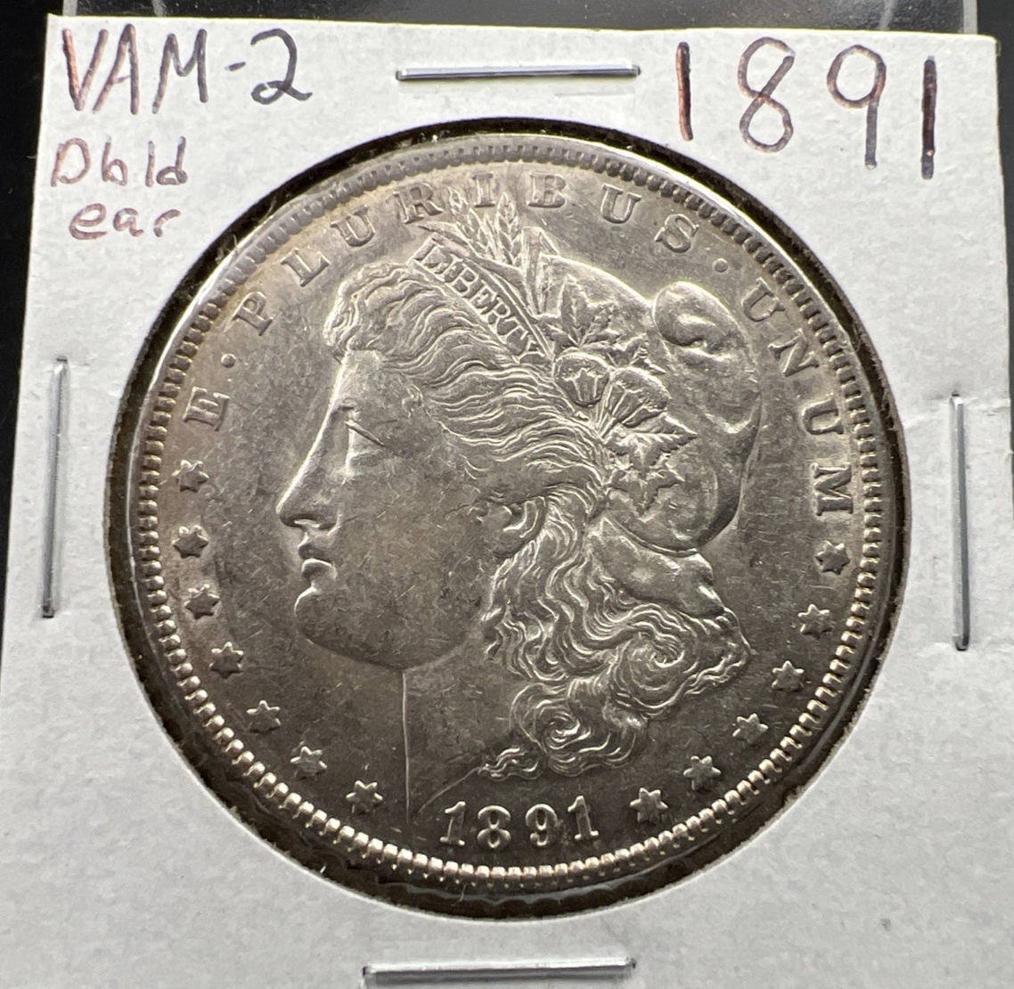 1891 P $1 Morgan Silver Dollar Coin Top 100 Vam 2 Double Ear CH AU About UNC