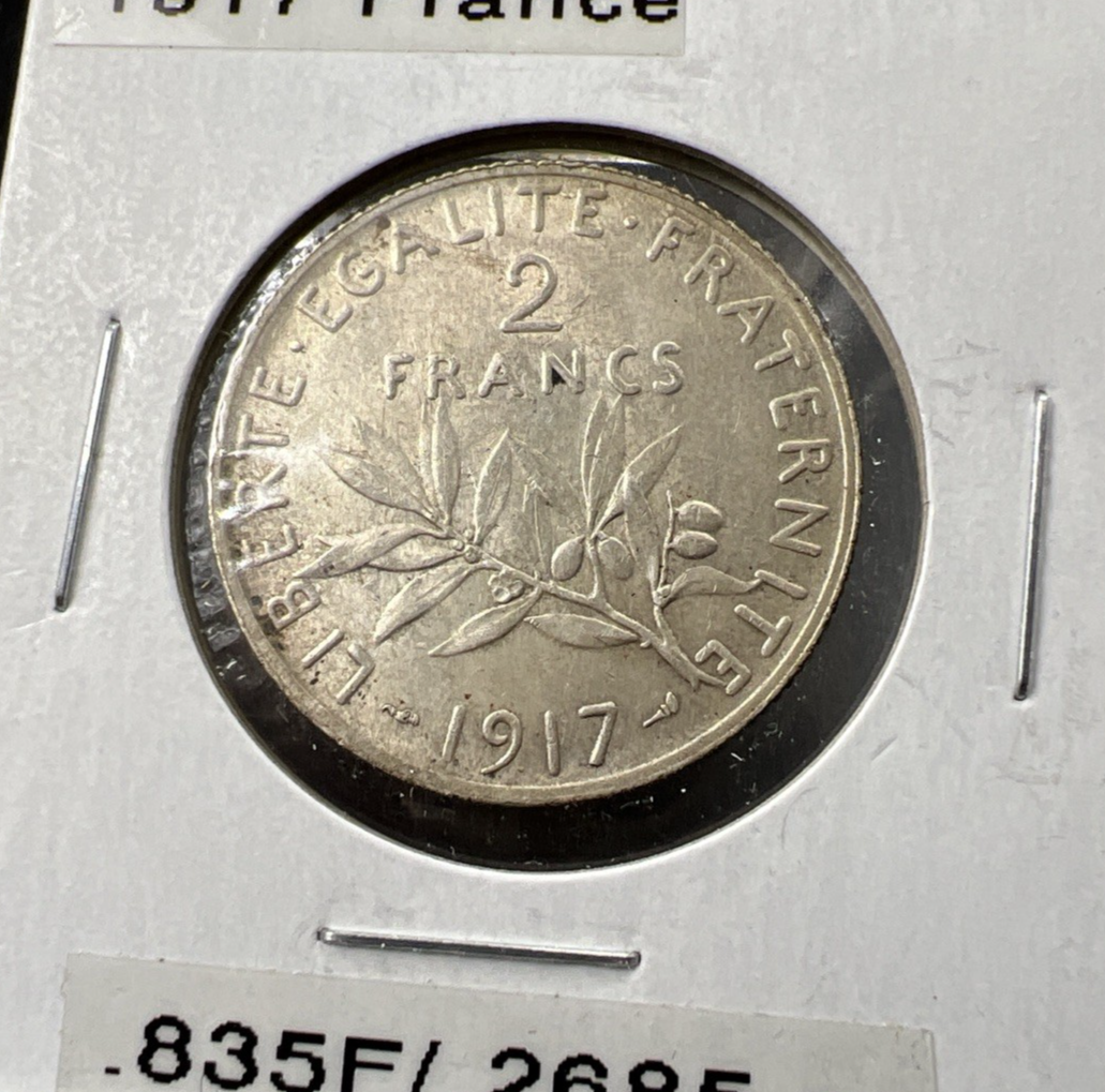 1917 France 2 Francs Silver Coin Choice EF XF Extra Fine Circ