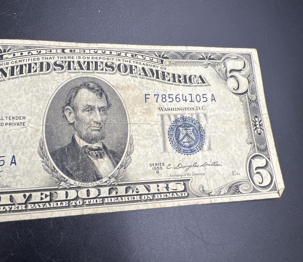 1953 B $5 Five Dollar US Silver Certificate Good / VG #105