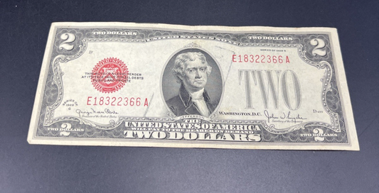 1928 G $2 Two Dollar Legal Tender US Red Seal Note VF Repeat Serial # 18322366