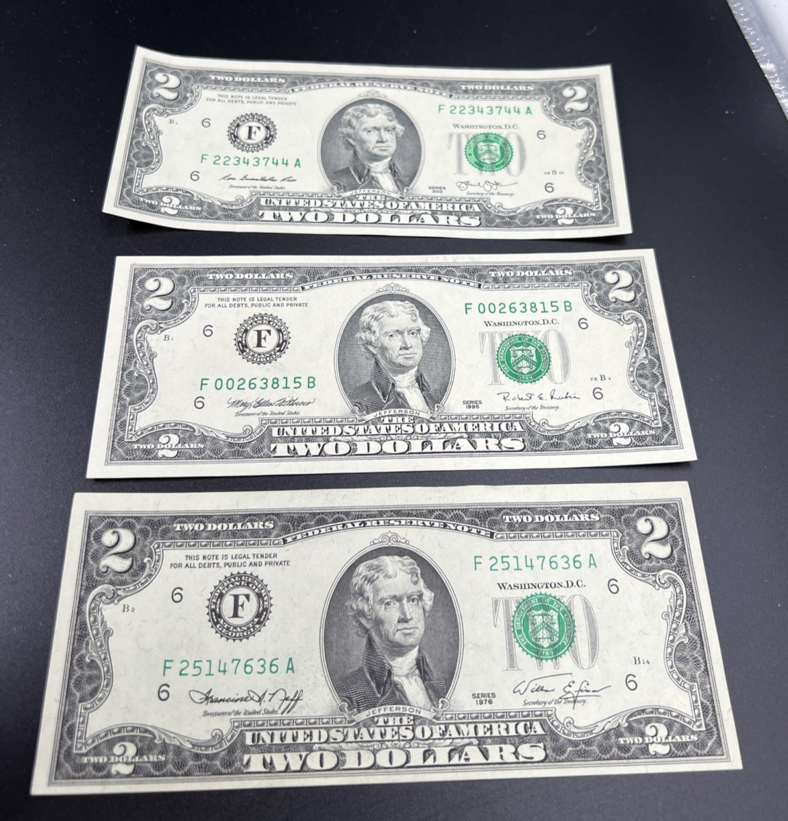 $2 Bill Collector's Set 1976 1995 2013 Federal Reserve Notes AU / UNC Conditions