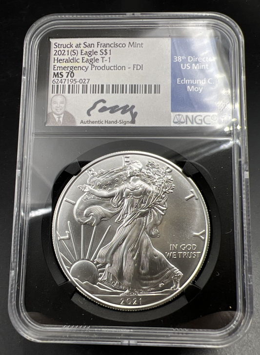 2021 S Emergency Production 1 Oz American Silver Eagle Moy Signature NGC MS70 #7