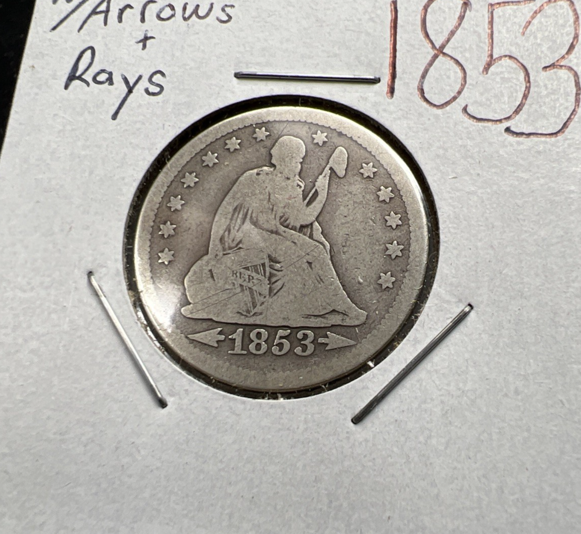1853 Seated Liberty Silver Quarter Coin with Arrows Rays Variety CH Good Circ