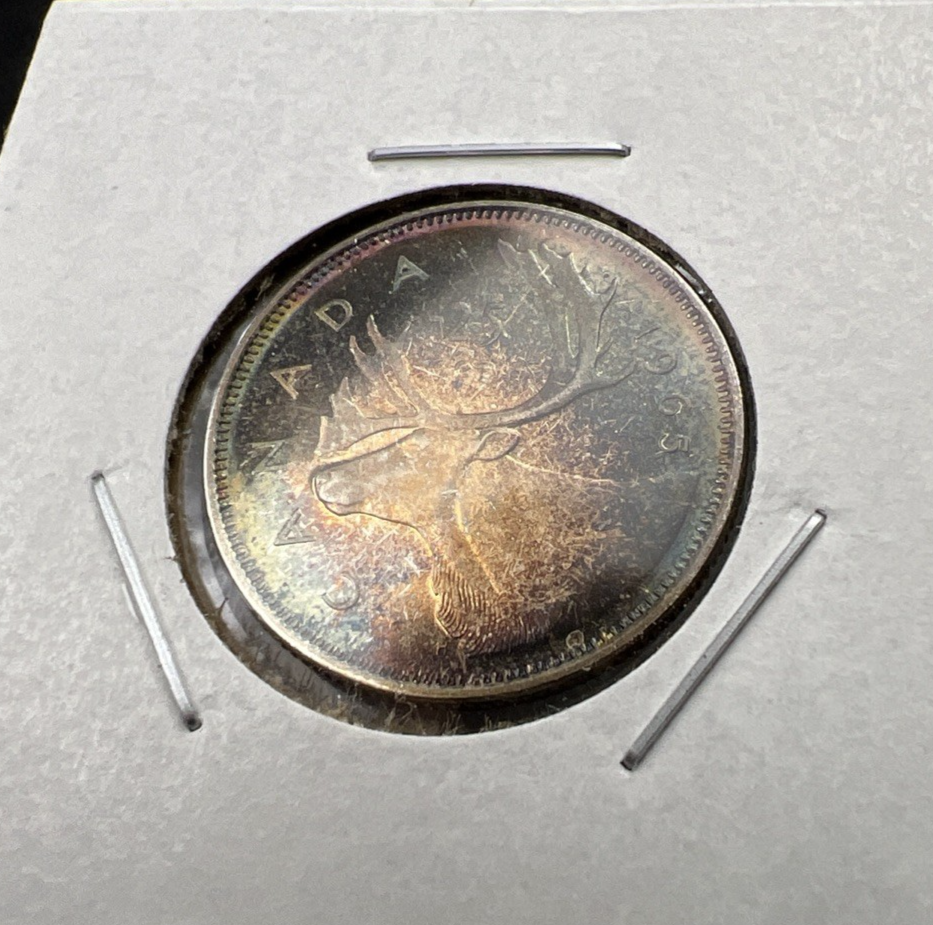 1965 Canada 25 Cents Silver Coin PQ Toning Toner Uncirculated
