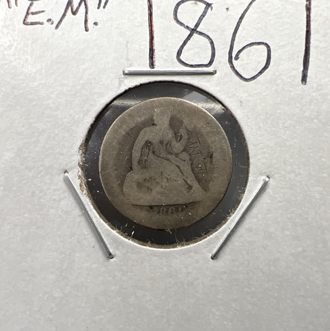 1861 Civil War Era Liberty Seated Dime Coin Fair Details E.M engraved graffiti