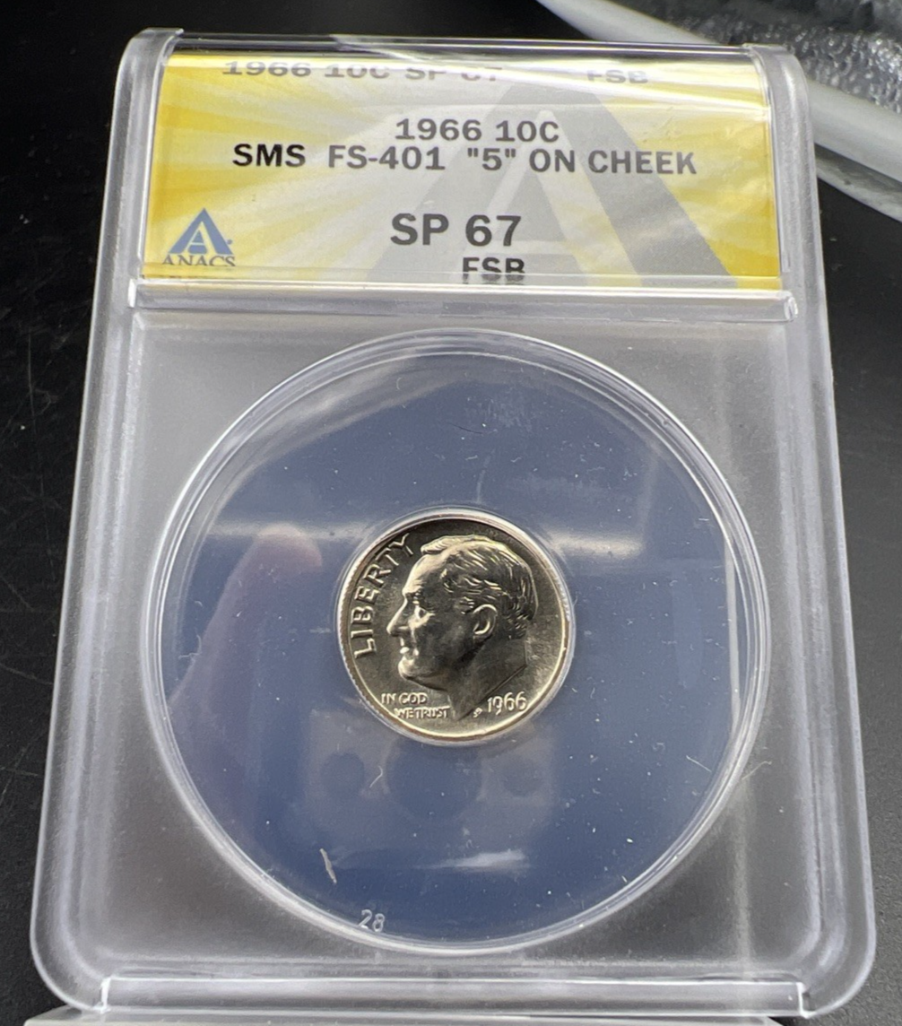 1966 10c Roosevelt Dime FS-401 5 On Cheek SP67 FSB MS67 Gem BU ANACS