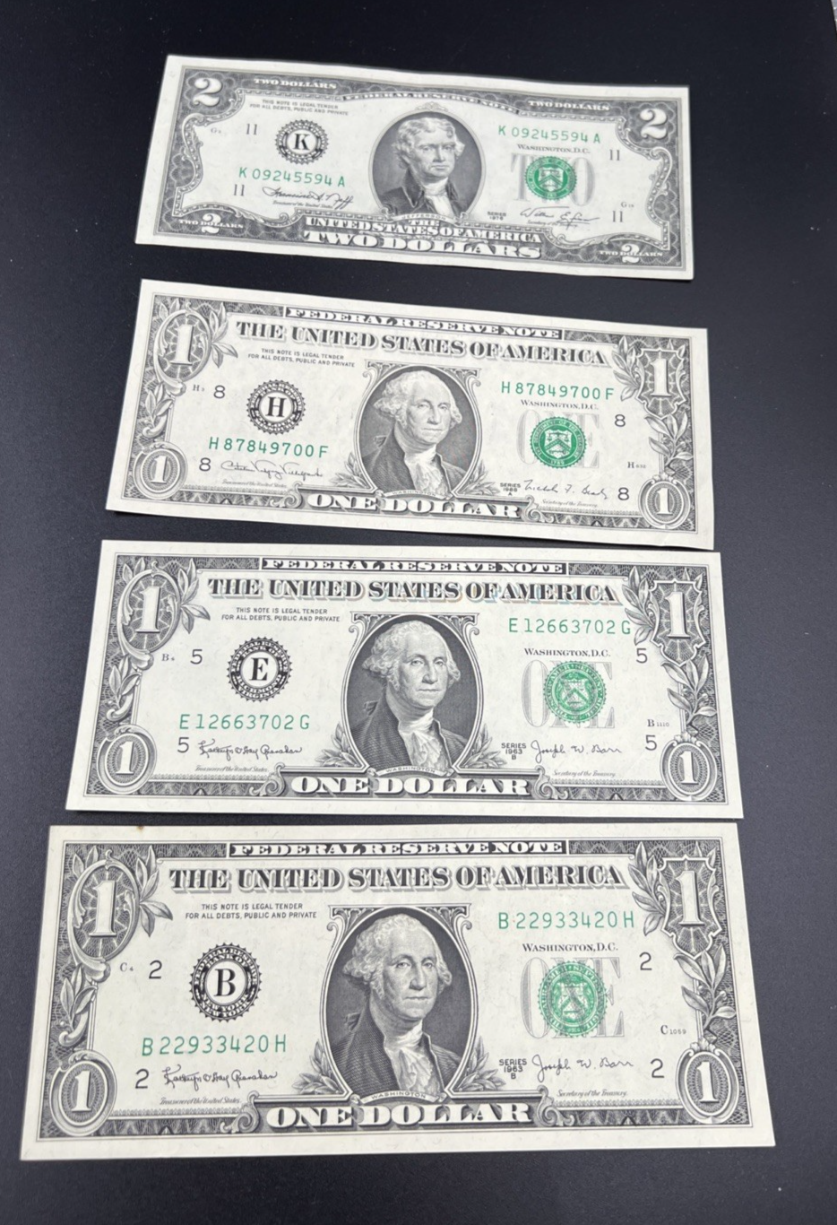 FRN Collector's Lot 3x 1963 B Barr $1 VF & 1976 $2 Bicentennial Two Dollar Bill
