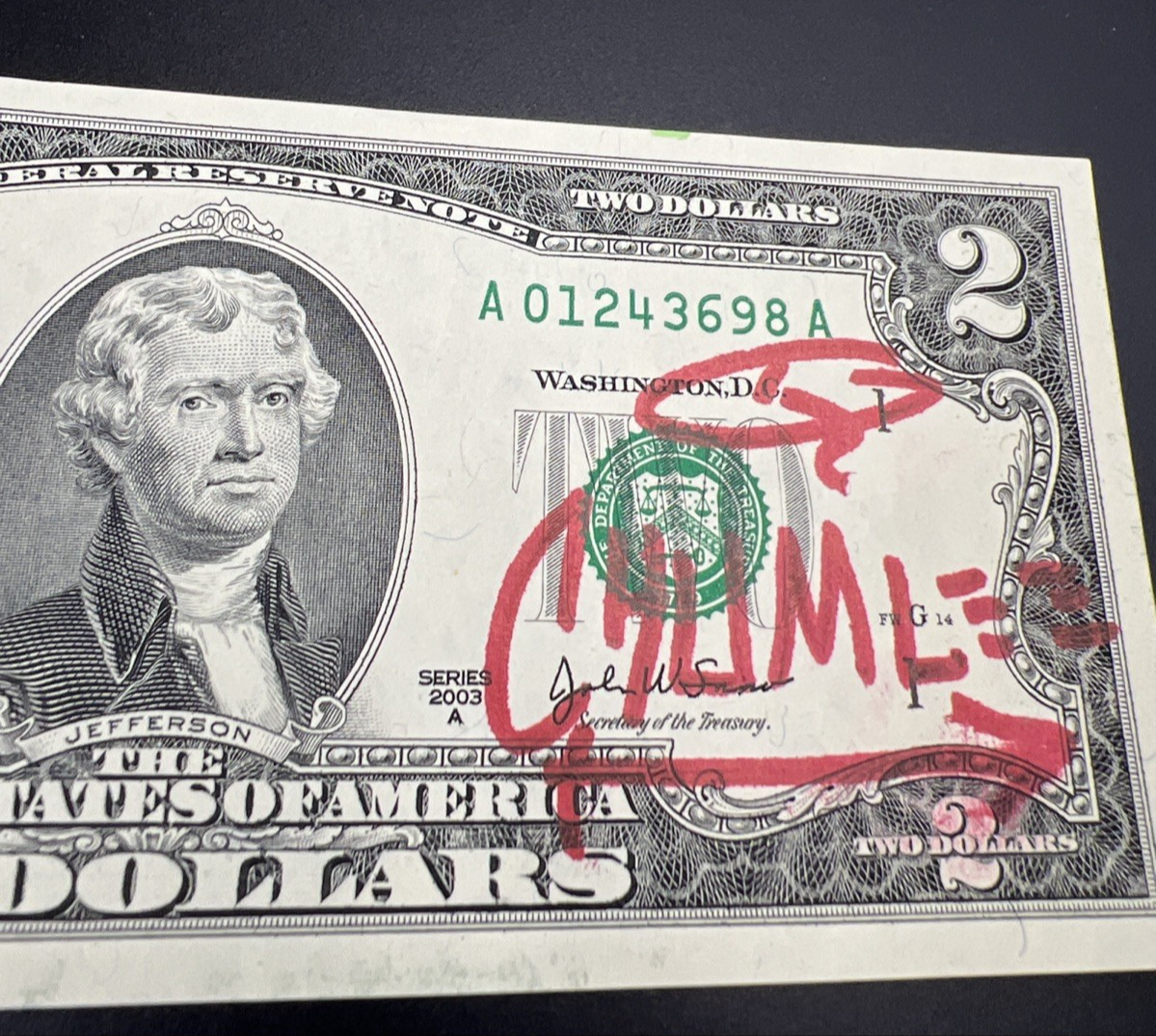 Chumlee Pawn Stars signed 2003 A $2 FRN Federal Reserve Note