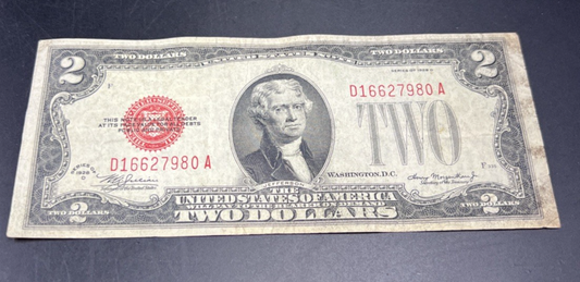 1928 D $2 USN United States Note Red Seal Bill Choice VG Very Good Circ #980