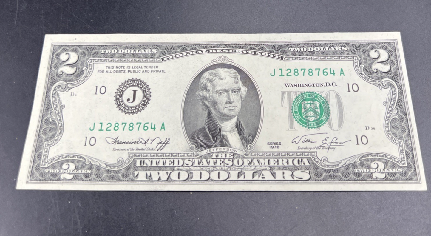 1976 $2 Two Dollar FRN Federal Reserve Note District J XF EF Circ #764