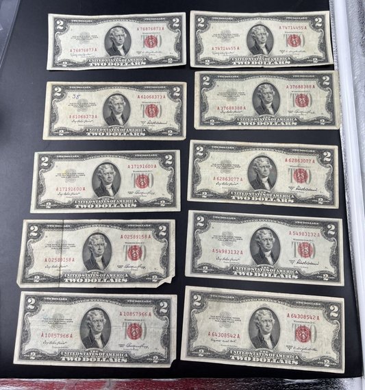 Lot of 10 1953 $2 USN Red Seal Legal Tender Bills VG Very Good + Circ #966