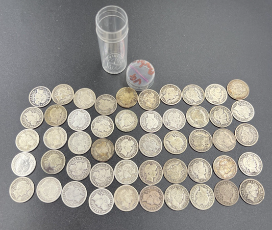 50 Coin Barber 90% Silver Dime Roll VG Very Good Circ Conditions SK#a