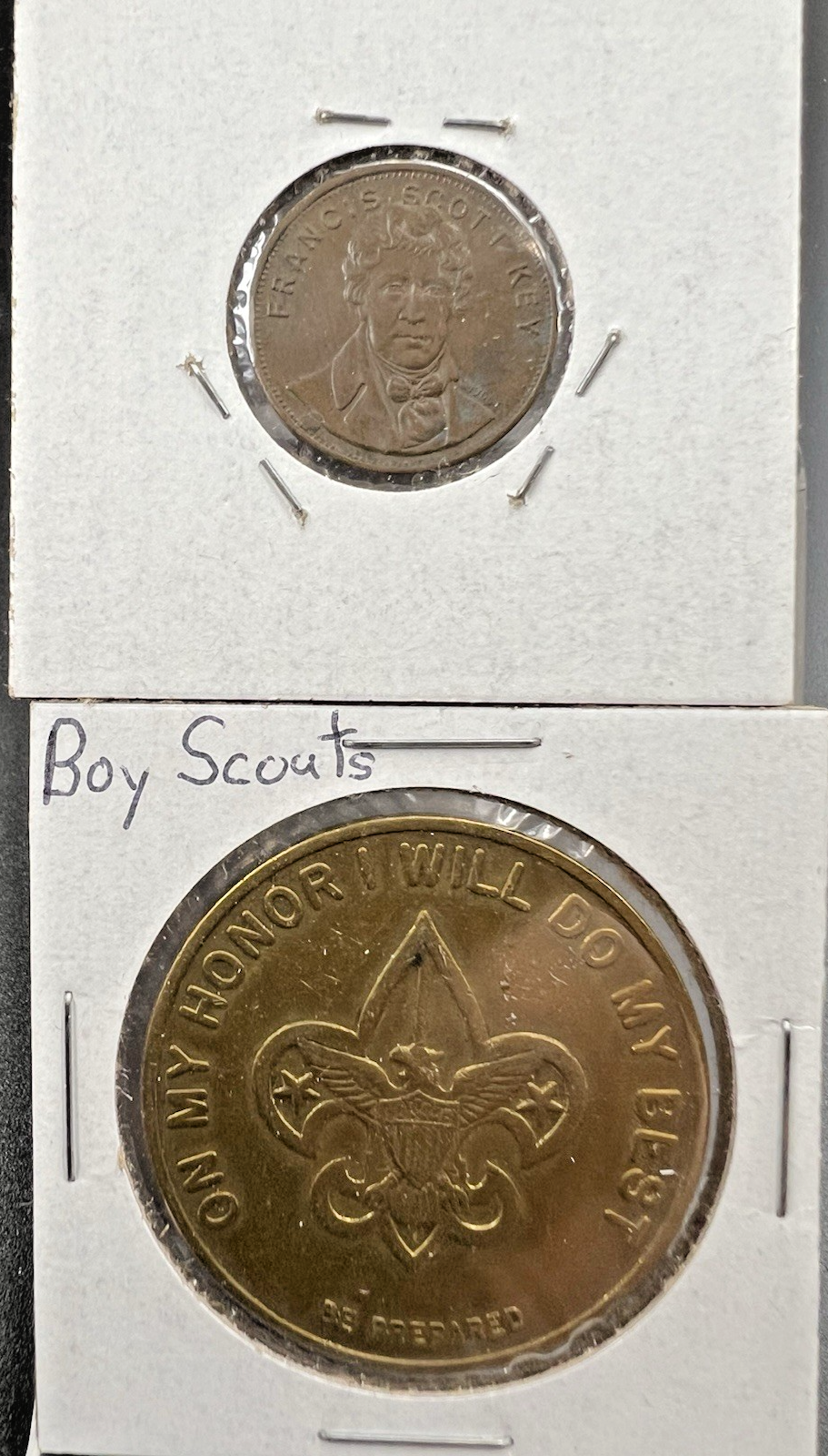2 Medal Lot - Boy Scouts Pledge & Francisc Scott Key Medals Circulated